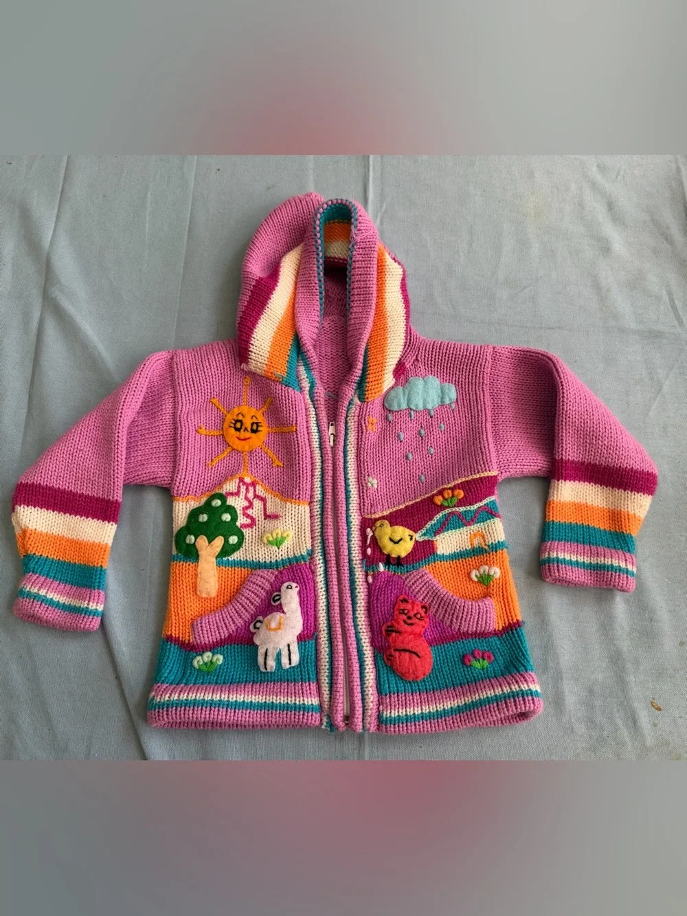 Hand Embroidered Pink Peruvian Kids Hooded Sweater Cardigan Girls Sz 4 Handmade